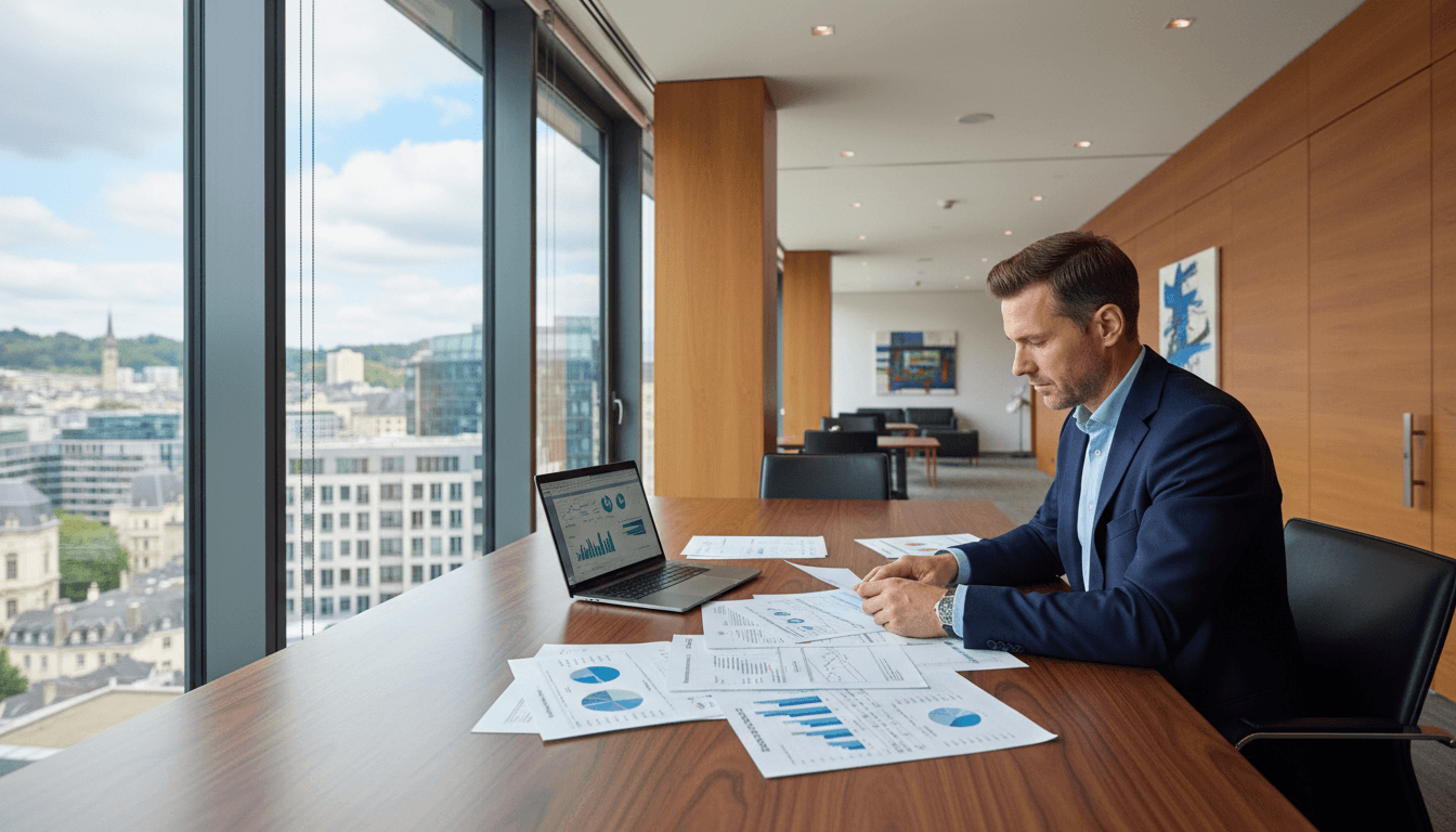 Professional reviewing investment documents at modern office desk