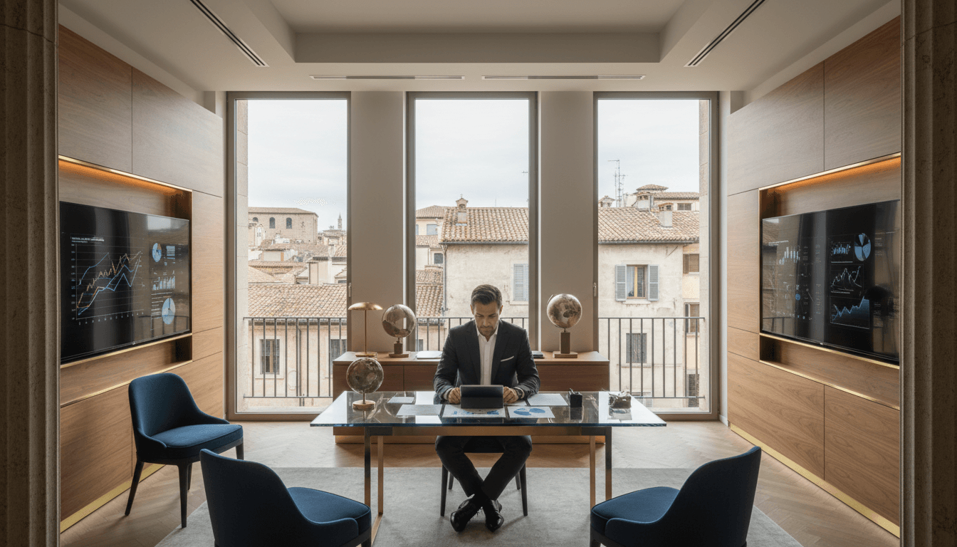 Professional investment advisor reviewing portfolio documents in a modern Luxembourg office