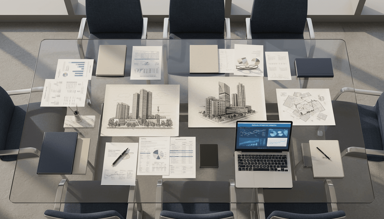 Investment planning materials and property renderings on conference table