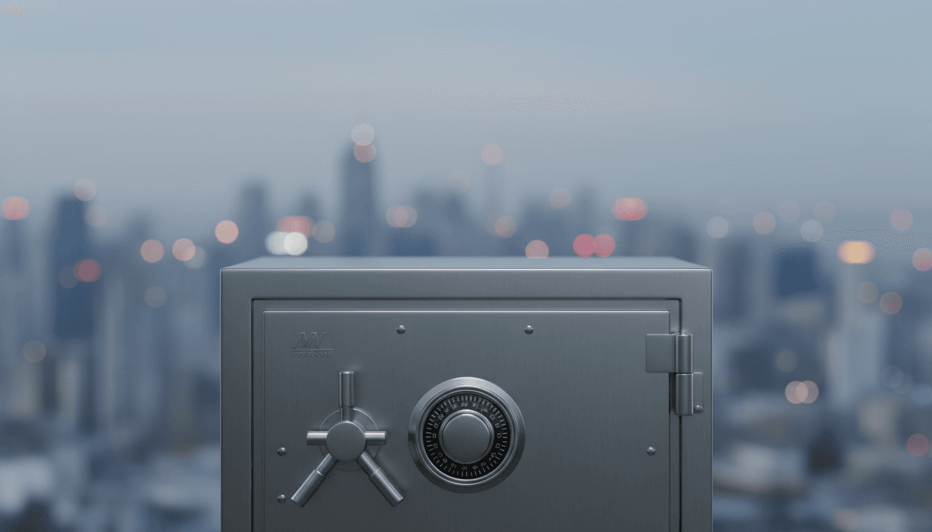 Blurred safe with cityscape background, conveying security and confidentiality.