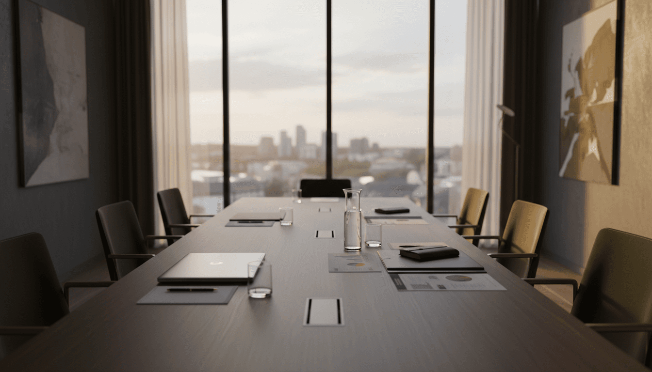 Professional investment workspace with documentation and city view