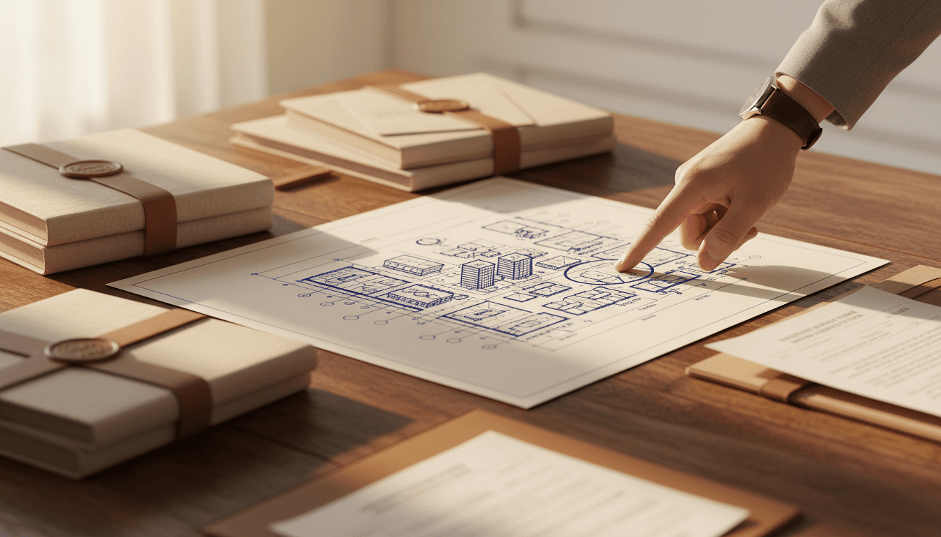 Close-up of investment documents and property materials