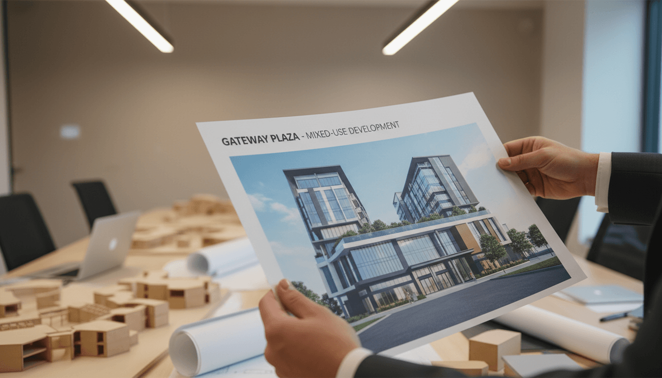 Hands reviewing commercial property architectural rendering
