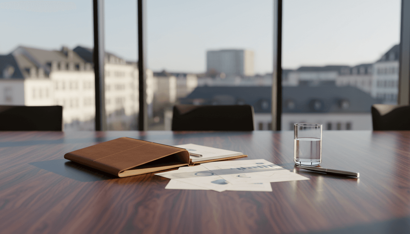 Conference table with investment documents and Luxembourg cityscape