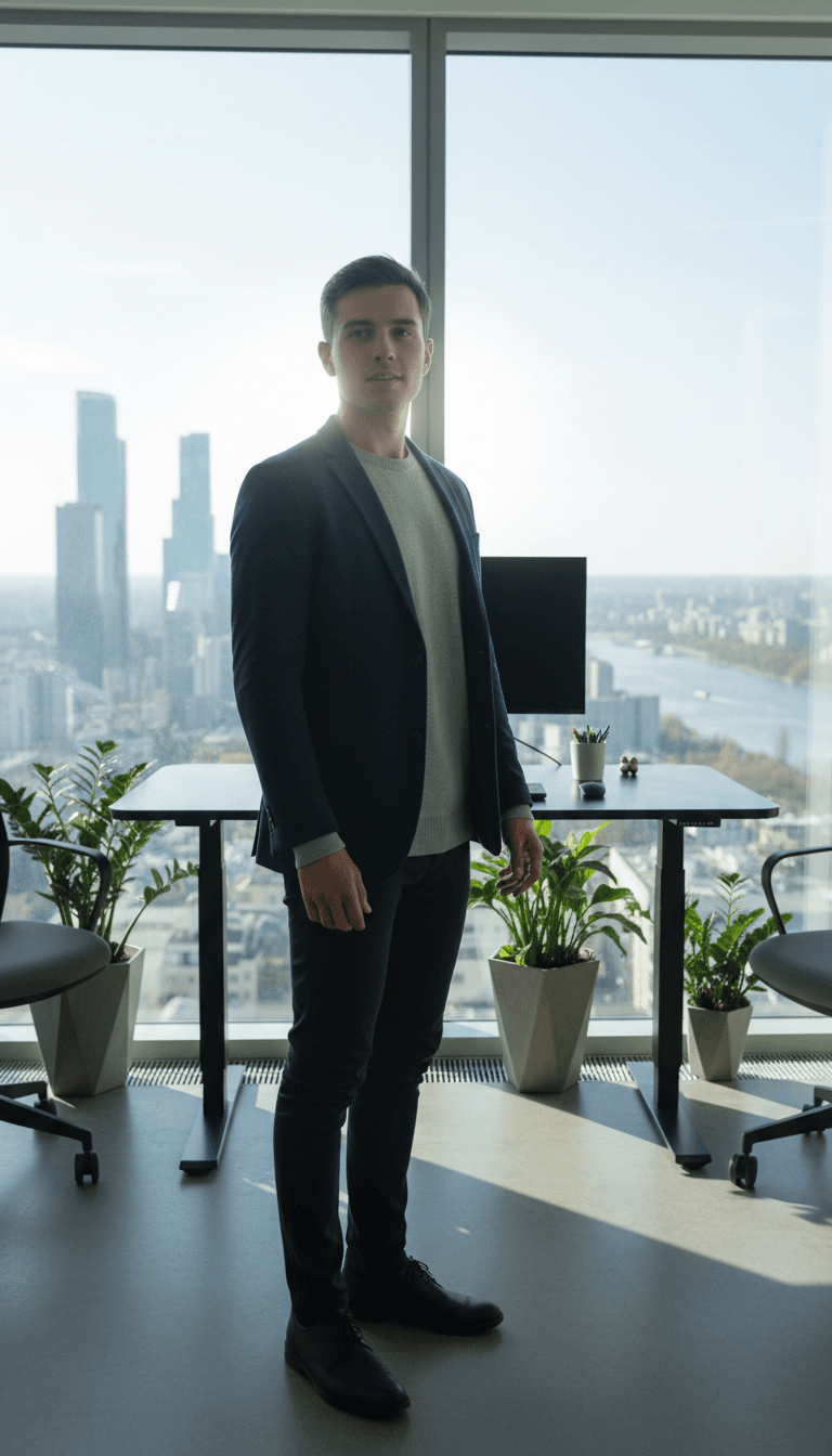 Young professional standing confidently by large window in modern startup office with cityscape background